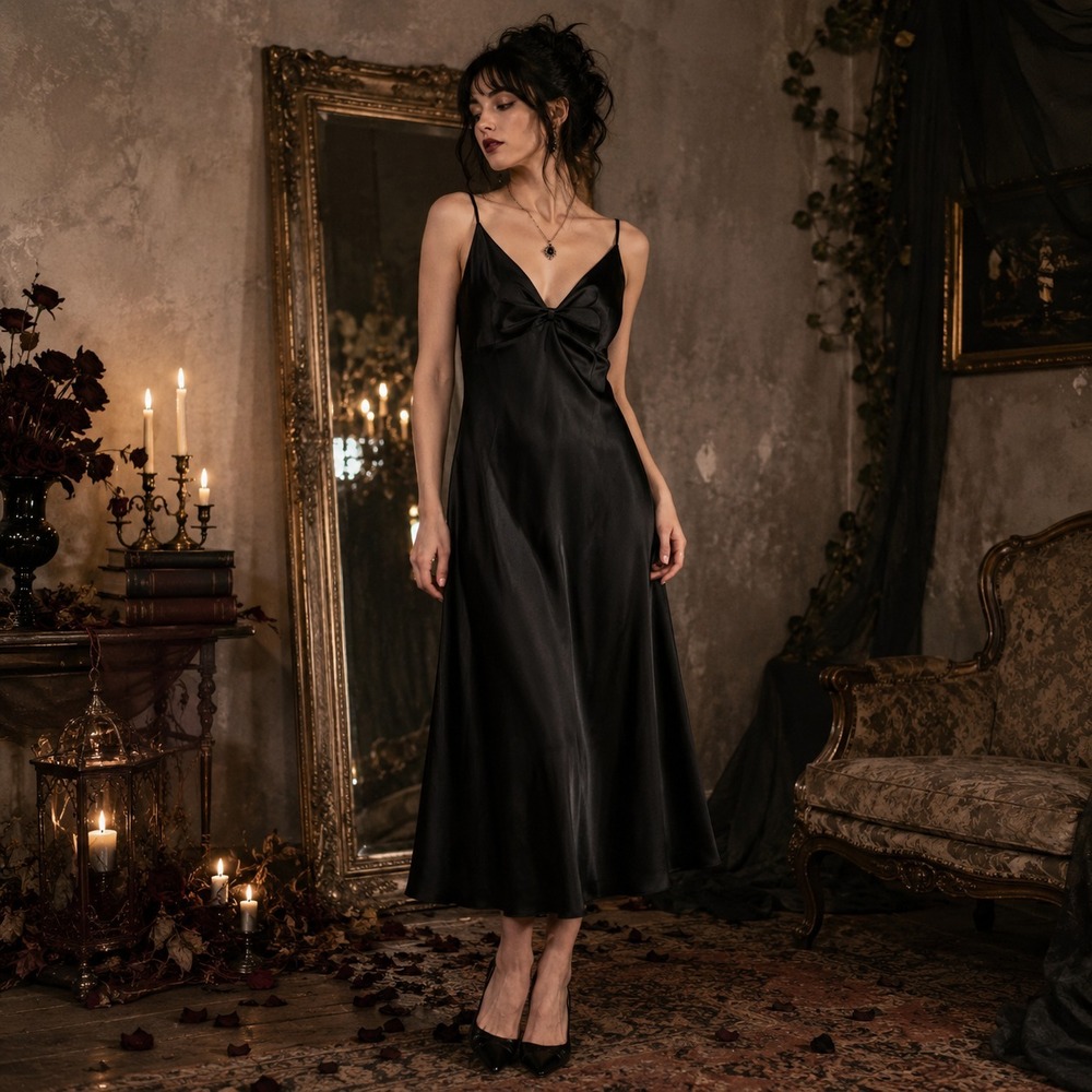 Vintage Y2K Jones New York Satin Slip Midi Dress Sz S Black Whimsigoth Coquette - Picture 1 of 8
